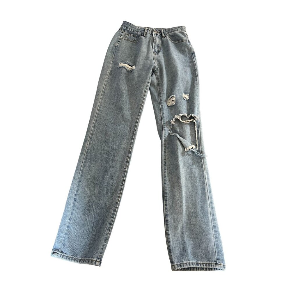 Shein Distressed Light Wash High-Waisted Straight-Leg Denim Jeans Womens Casual - Picture 3 of 6